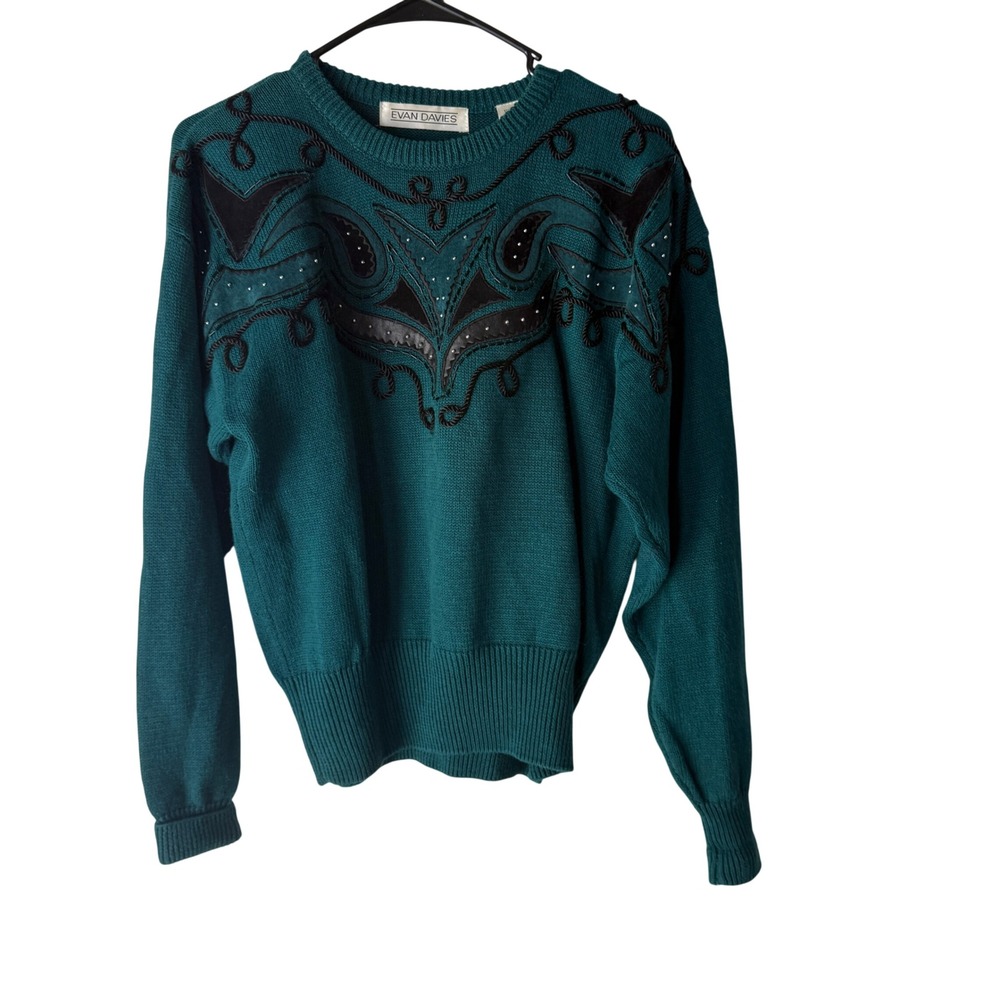 Evan Davies Vintage 90s Teal Emerald Green Embellished Sweater‎ M Western